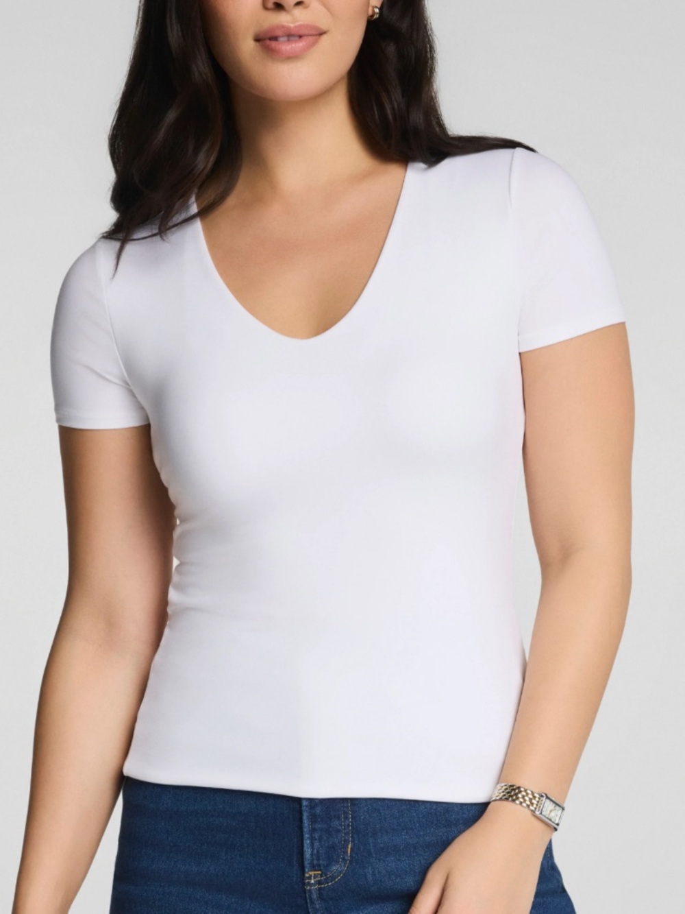 SPANX White Short Sleeve V‑Neck Tee